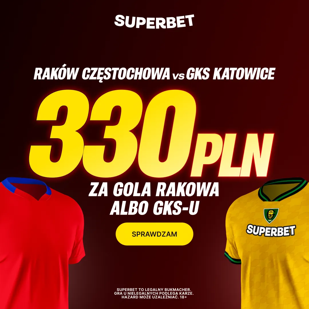Bonus 330 PLN za gola wybranej drużyny w meczu Raków Częstochowa - GKS Katowice od Superbet