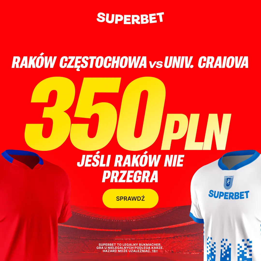 Bonus 350 PLN jeśli Raków Częstochowa nie przegra w meczu z Universitatea w Superbet