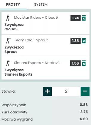 Przykładowy kupon pod esportowy freebet od BETFAN
