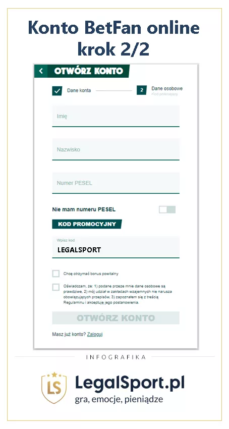 Rejestracja w Betfan z kodem promocyjnym LEGALSPORT - infografika
