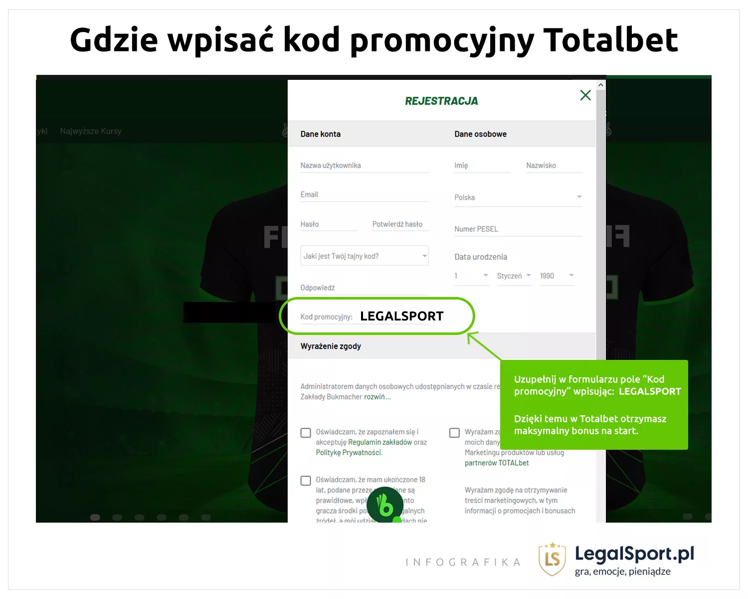Informacja, gdzie wpisać kod promocyjny do bonusu na start od Totalbet.pl >: LEGALSPORT