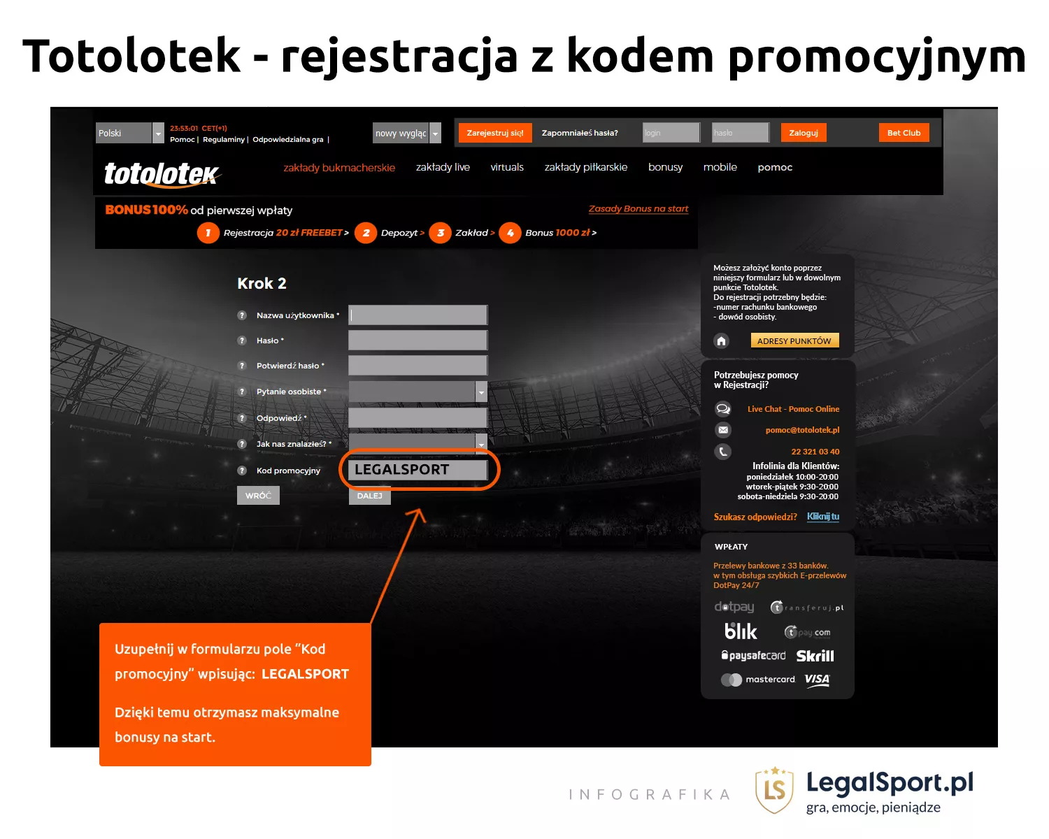 Grafika pokazująca gdzie wpisać kod promocyjny Totolotek