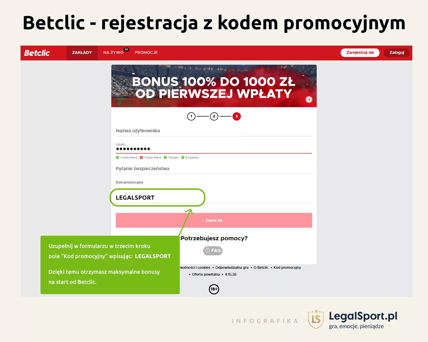 Rejestracja z kodem bonusowym Betclic Zakłady Bukmacherskie - infografika