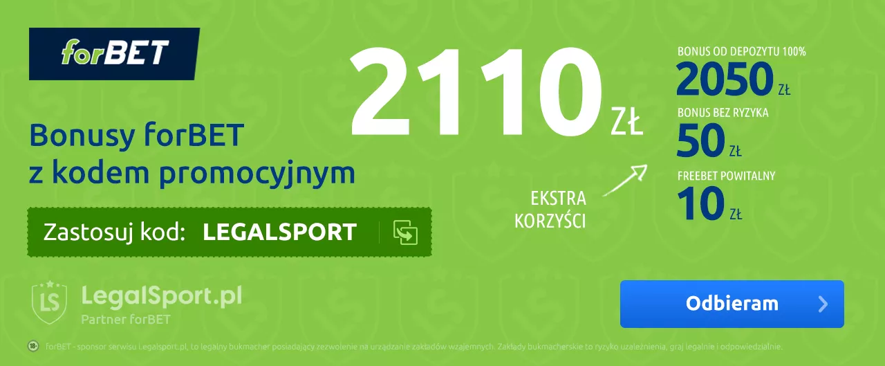 Pakiet powitalny 2100 PLN z kodem bonusowym w forBET Zakłady Bukmacherskie - infografika