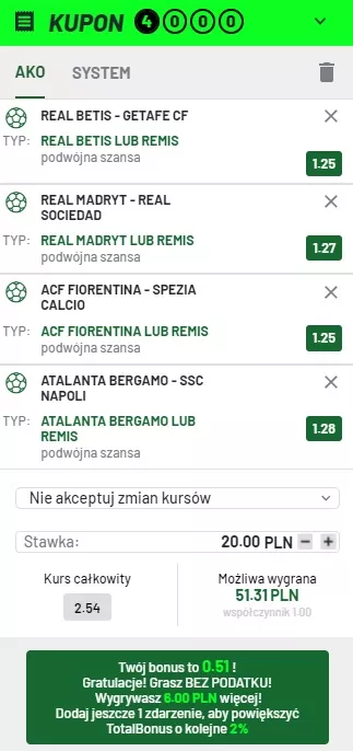 Przykładowy kupon w opcji 4x4 w pakiecie od TOTALbet