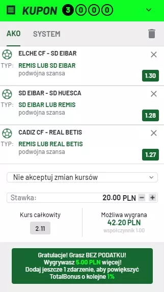 Kupon w opcji 5x3 w pakiecie od TOTALbet
