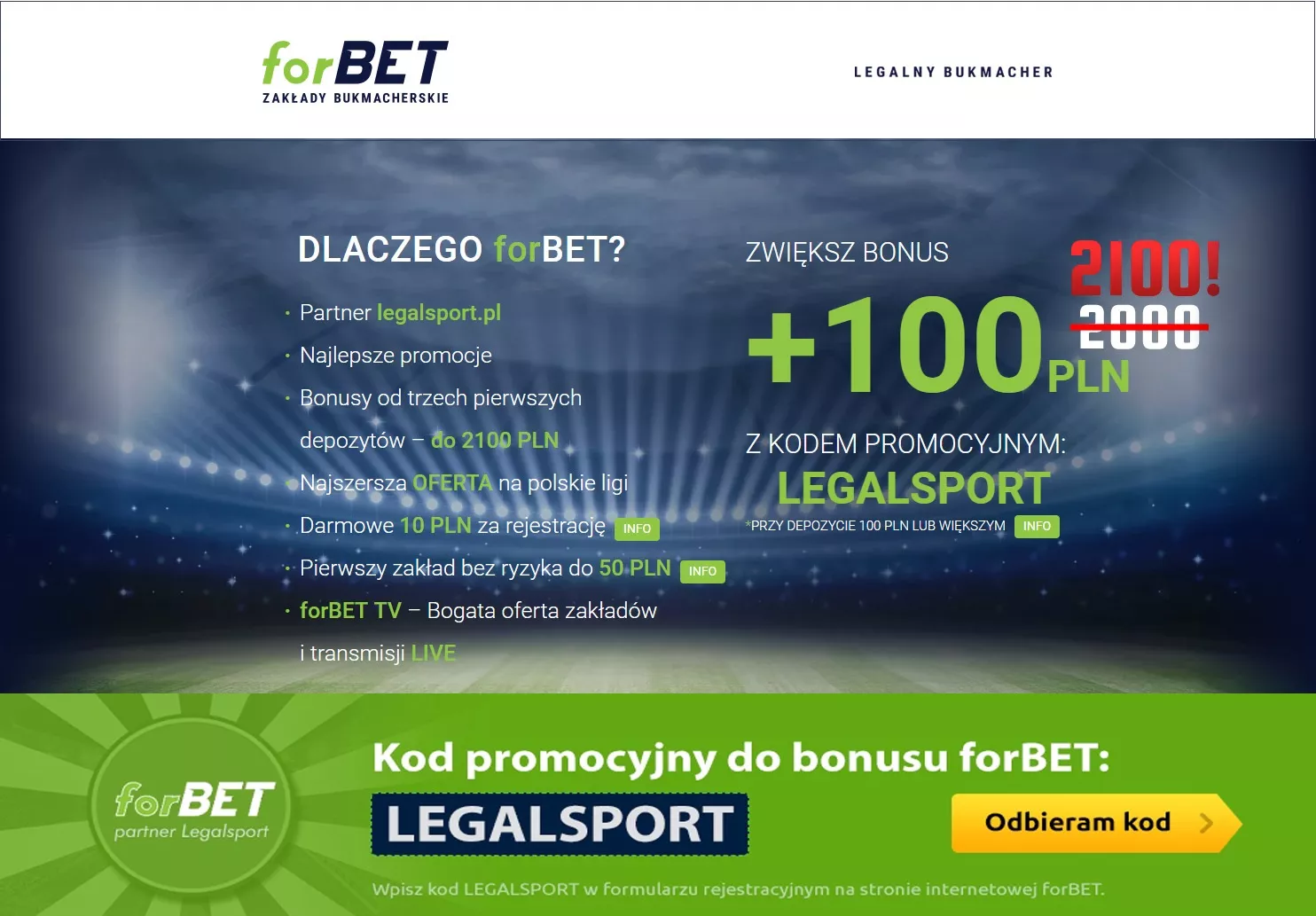 Baner z wyszczególnionymi bonusami na start za rejestrację z kodem bonusowym forBET - LEGALSPORT