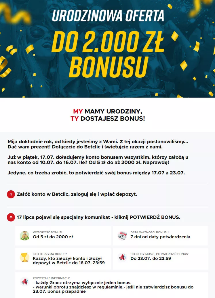 Bonus bez depozytu - w Betclic z kodem promocyjnym od 5 zł do 2000 zł