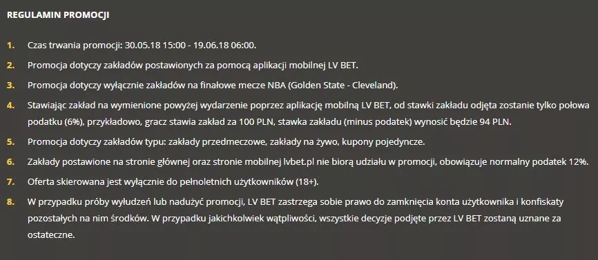 screen regulaminu promocji na mecze NBA w LVbet