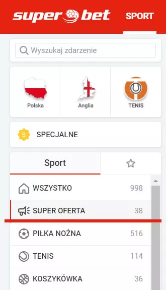 Super mecz znajdziesz korzystając w menu z sekcji Superoferta