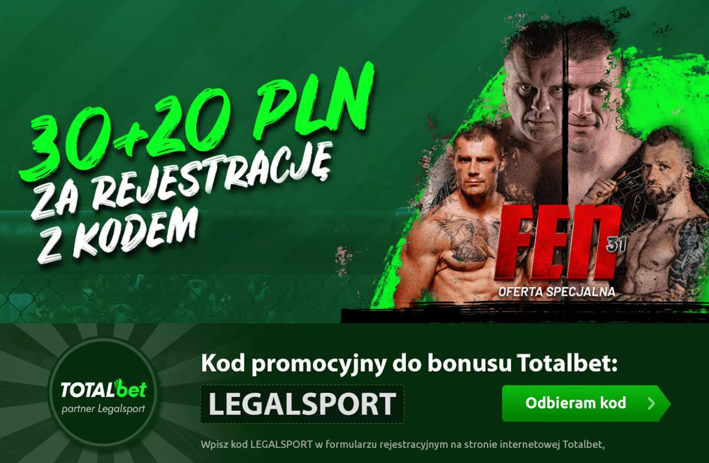 Freebet 30+20 zł za rejestrację z kodem na FEN MMA