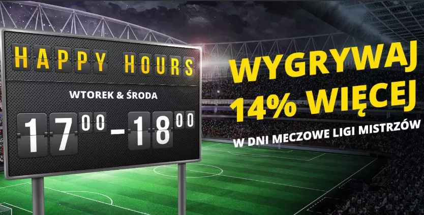 Happy Hours w Fortunie na mecze Ligi Mistrzów + 14% więcej. Kod promocyjny działa.