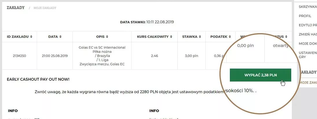 Infografka z instrukcją wypłaty kuponu w opcji Cashout w NobleBET