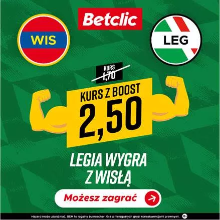 Wyższe kursy na mecz Wisła Kraków vs Legia Warszawa: BOOST w BETCLIC