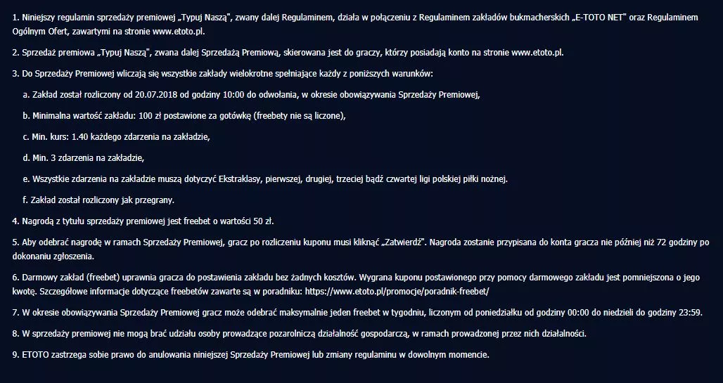 eToto Zakłady Bukmacherskie - regulamin akcji