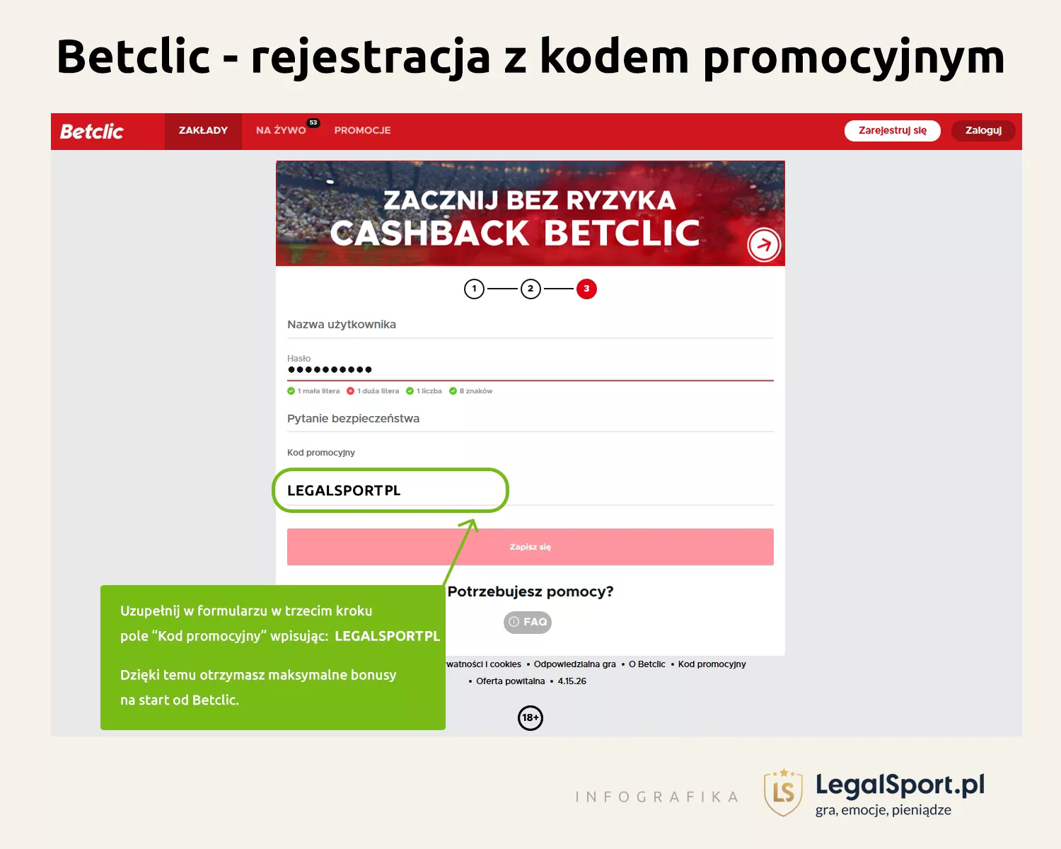 Rejestracja z kodem promocyjnym w Betclic Zakłady Bukmacherskie - infografika