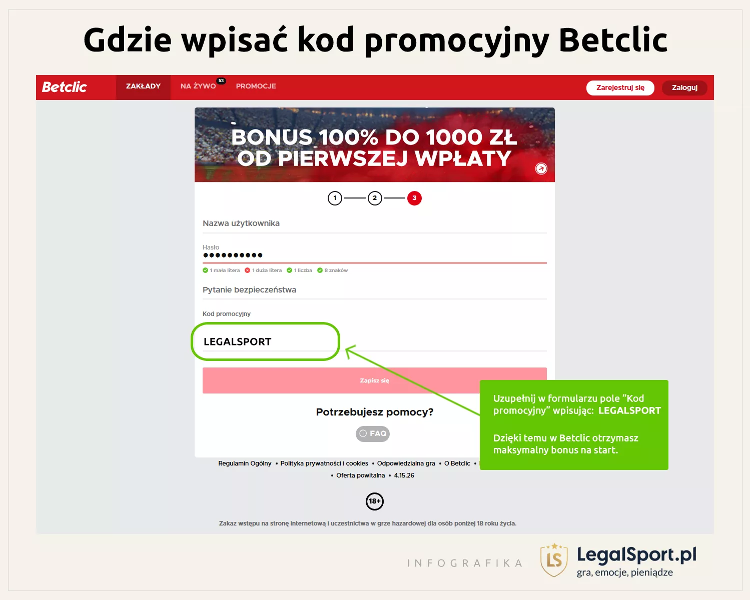 Jak się zarejestrować z kodem promo w Betclic Zakłady Bukmacherskie - infografika