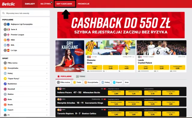Zakładka GRY KARCIANE w ofercie bukmachera Betclic Online