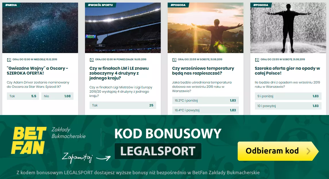 Oferta bukmacherska Betfan online obejmuje liczne zakłady na rozrywkę - infografika