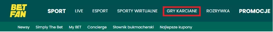 BETFAN online - karcianki. Zakładka Gry karciane w BETFAN