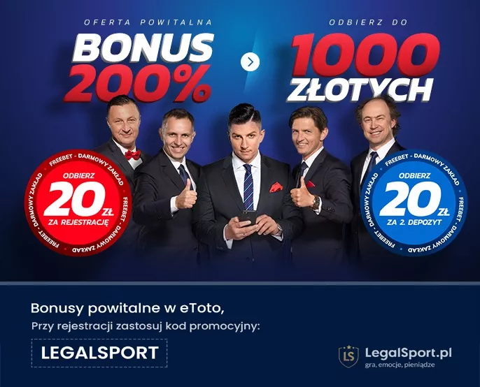 Grafika przedstawiająca bonus na start dla nowych graczy w eToto Zakłady Bukmacherskie z kodem LEGALSPORT