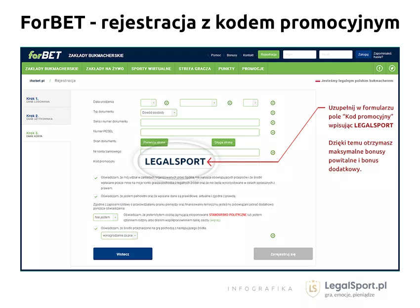 Formularz rejestracyjny - zakłady bukmacherskie Forbet oferują bonus z kodem promocyjnym
