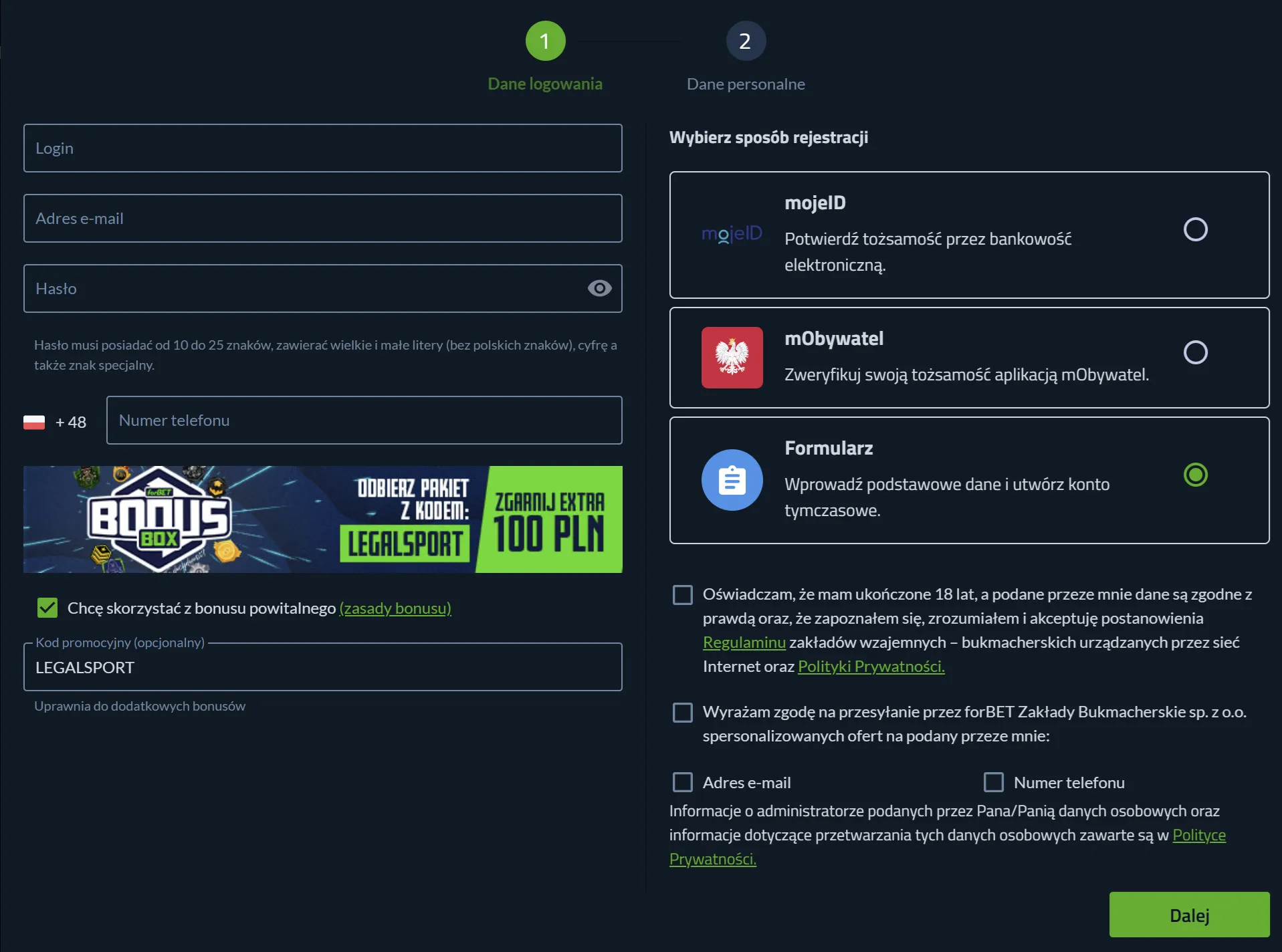 Formularz rejestracyjny w forBET Zakłady Bukmacherskie do nowego konta