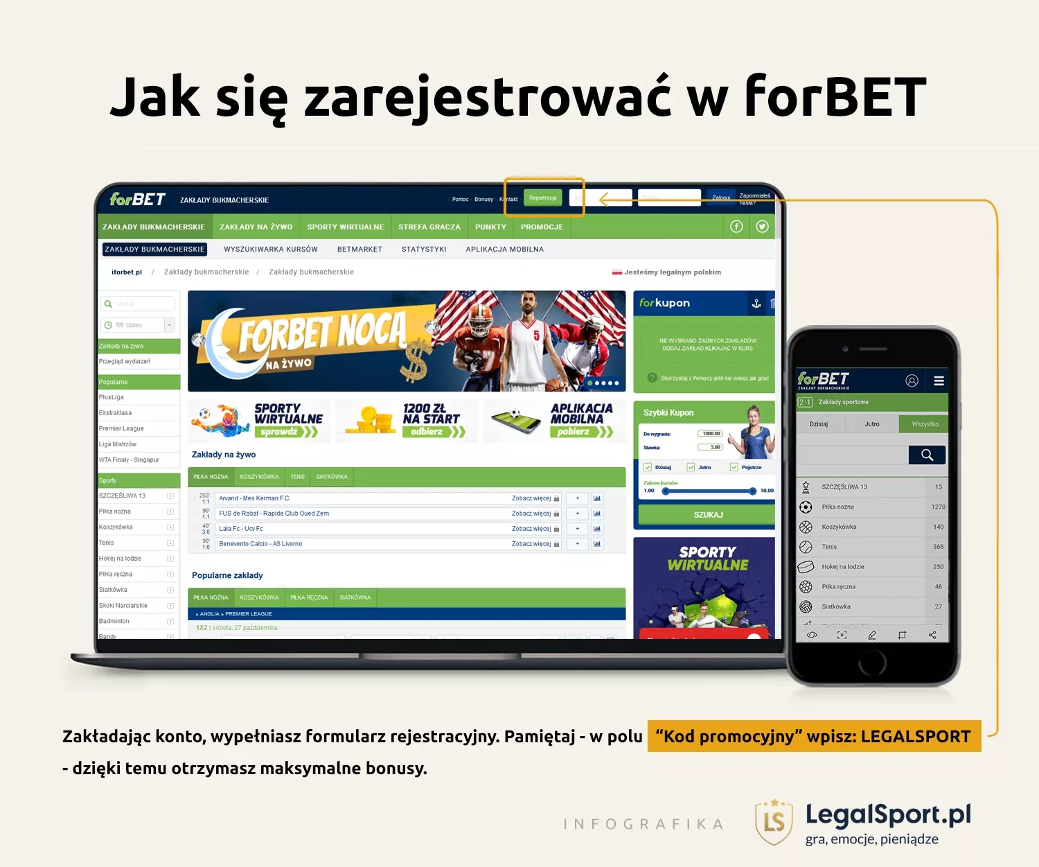 Rejestracja konta bukmacherskiego forBET online z kodem bonusowym - infografika