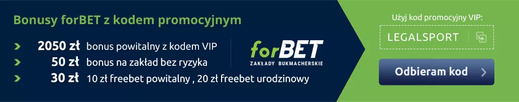 Baner z informacją, że kod promocyjny forbet, jakim jest hasło LEGALSPORT, zapewnia pakiet VIP nagród