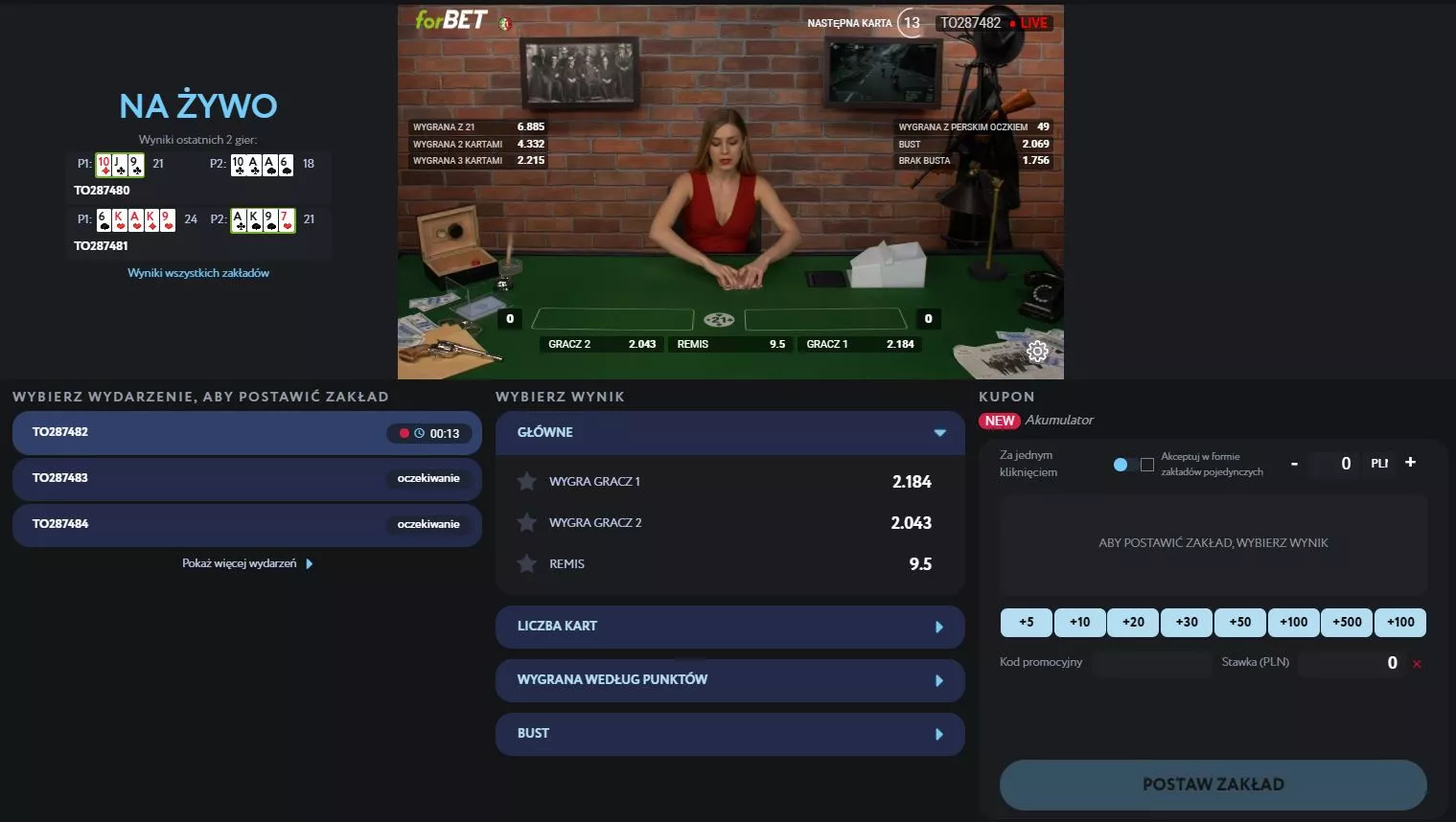 Typowanie gry kasynowej Black Jack w forBET online