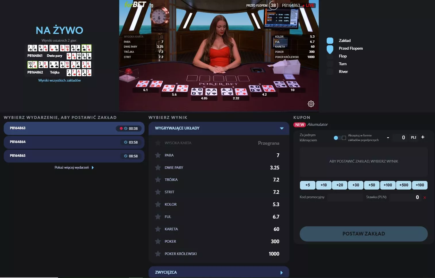 Zakłady na pokera w forBET - widok rozgrywki
