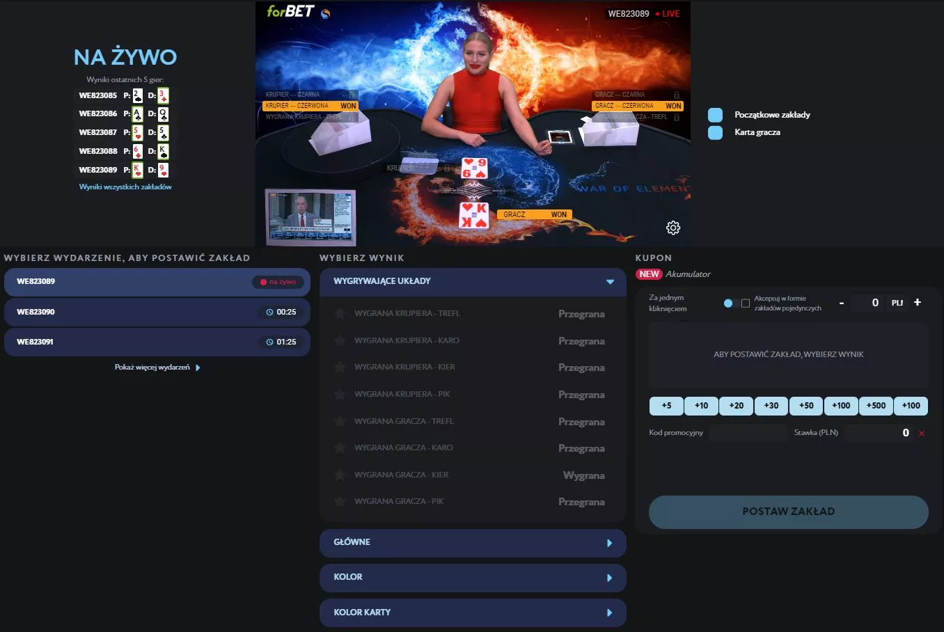 Typowanie karcianej wojny w forBET online - widok rozgrywki