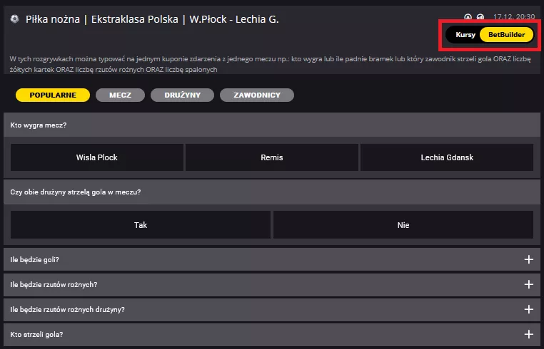 Zakładka BetBuilder z dostępnymi typami - krok 2