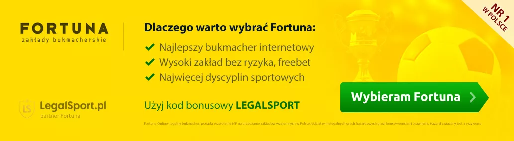 Baner z zaletami legalnego bukmachera Fortuna + info o ekskluzywnym kodzie promocyjnym fortuna > LEGALSPORT