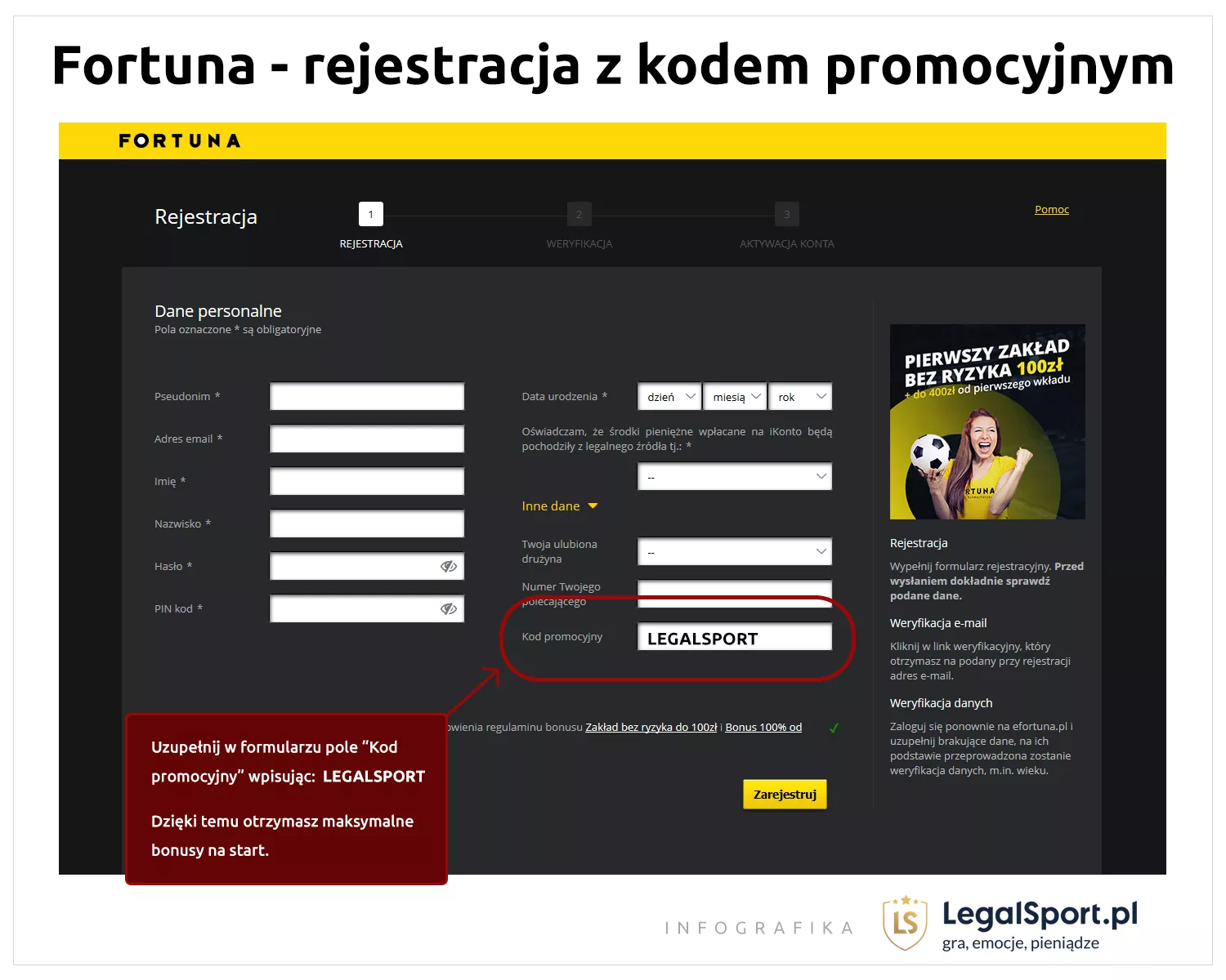 Pokazano formularz rejestracji z kodem promocyjnym na stronie www Fortuna Zakłady Bukmacherskie