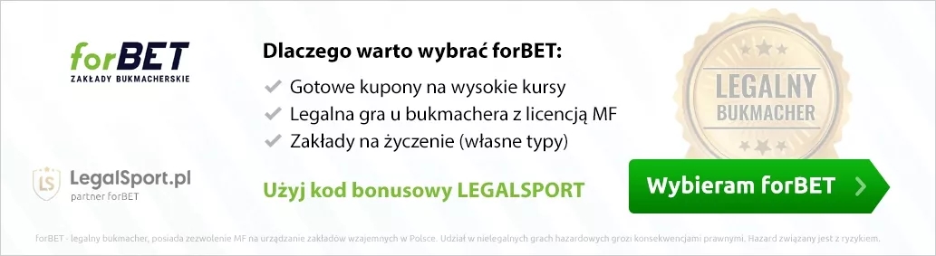 Zalety bukmachera forBET przedstawione na banerze + info o bonusie na start z kodem promocyjnym