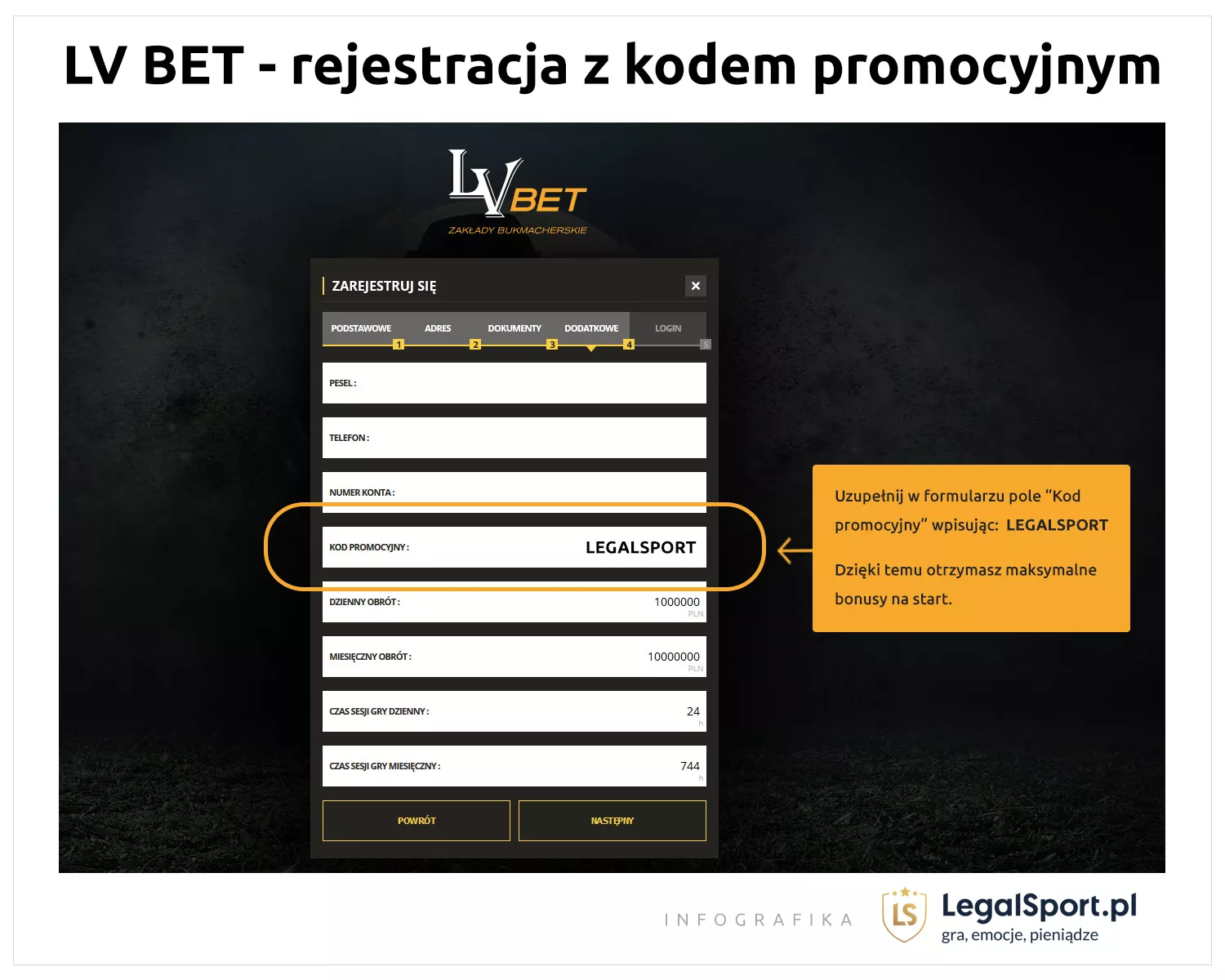 Widoczny formularz rejestracji i miejsce gdzie wpisać kod promocyjny LVBET