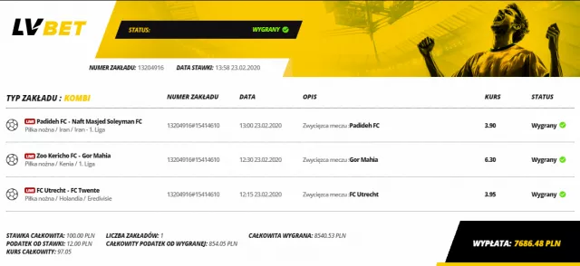 Kupon na zakłady bukmacherskie LVBET - wygrana za bonus za kod promocyjny