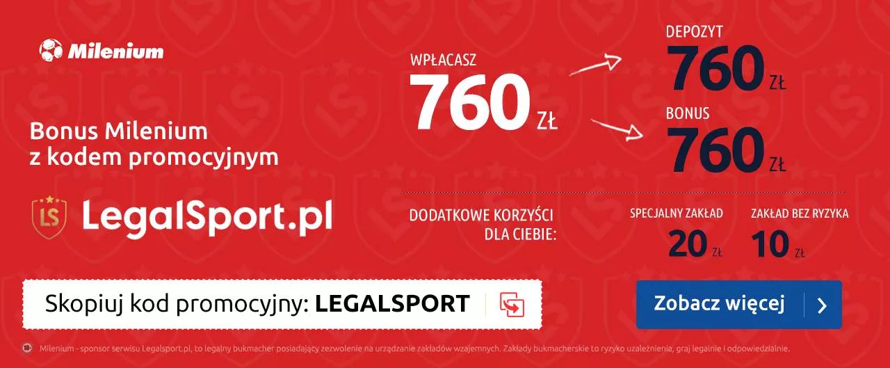 Oferta na start z kodem LEGALSPORT w Milenium Zakłady Bukmacherskie - infografika