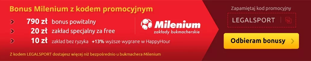 Bonusy na start z kodem promocyjnym w Milenium Zakłady Bukmacherskie - infografika