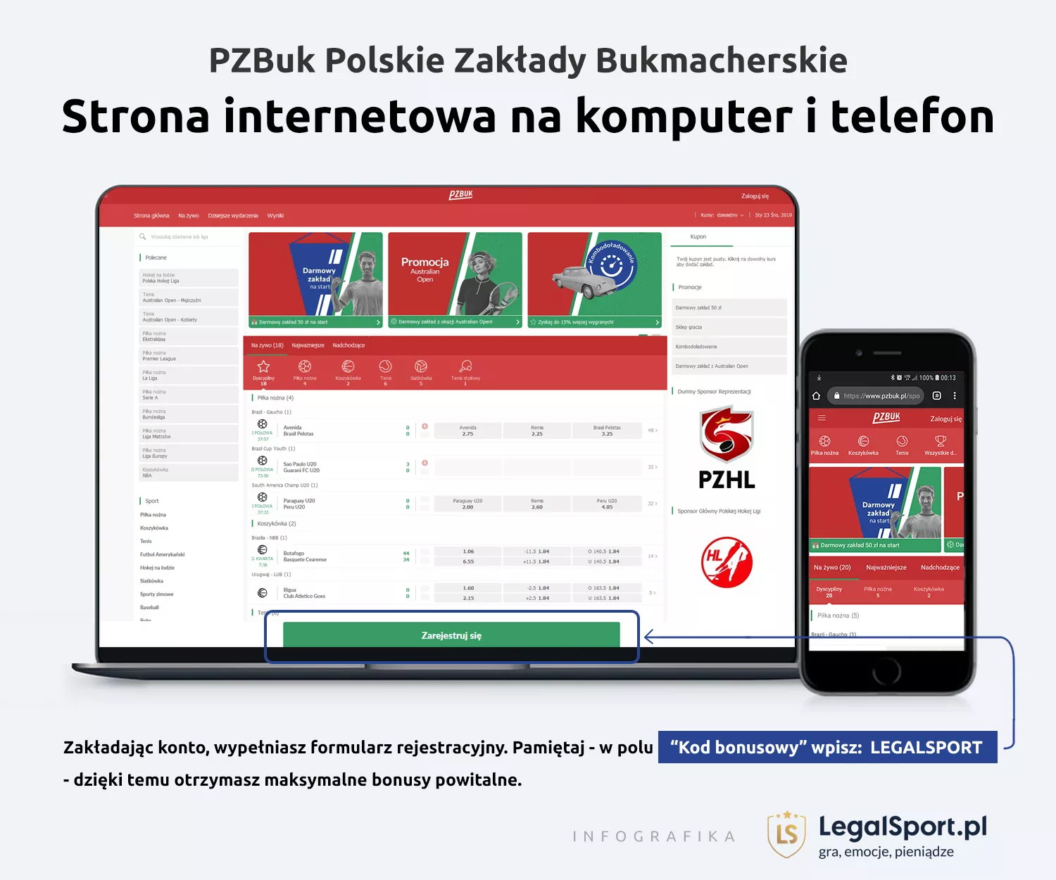 Grafika przedstawiająca stronę internetową w wersji na komputery i smartfony + informację o kodzie bonusowym