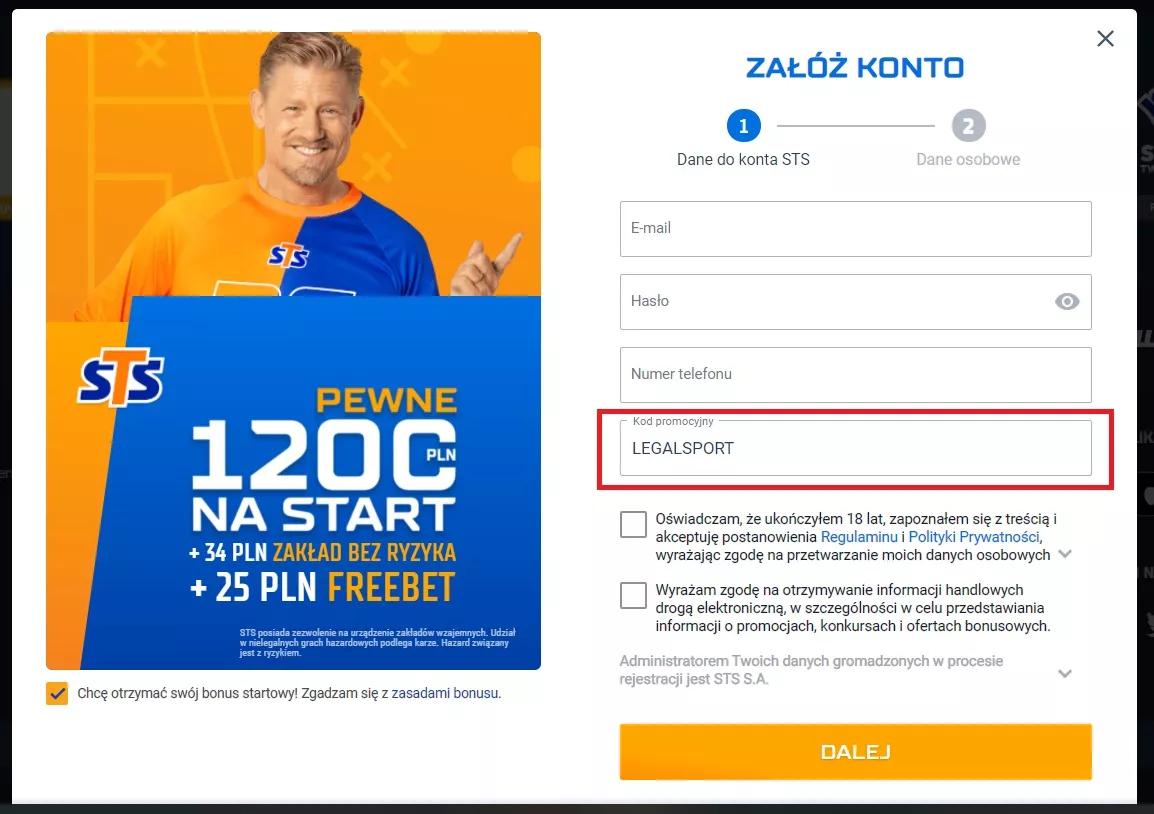 Gdzie wpisać kod promocyjny w STS na formularzu rejestracyjnym