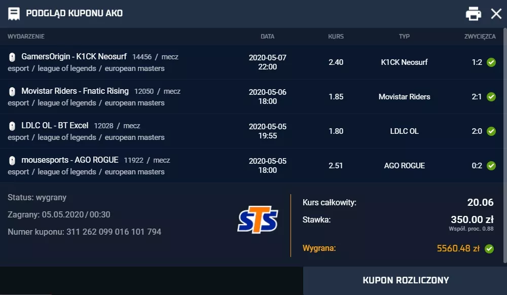 Wygrana STS - kupon na e-sport. Zakład bukmacherski AKO