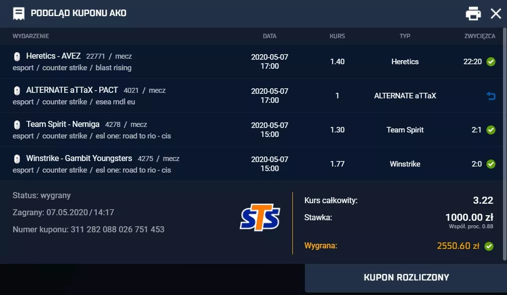 Trafiony kupon na e-sport w STS Zakłady Bukmacherskie