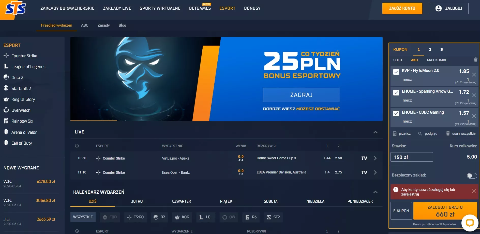 Zrzut ekranu - strona internetowa www.sts.pl - oferta zakładów bukmacherskich na esport