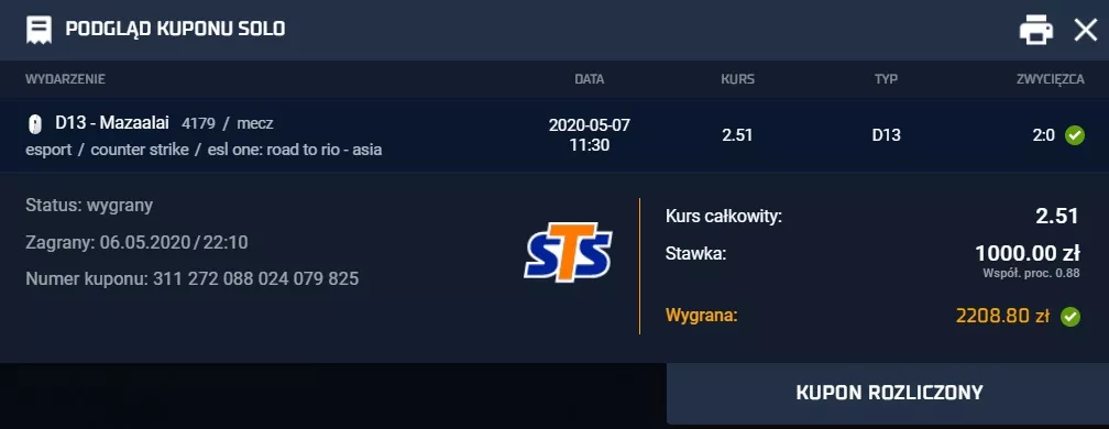 Wygrana na kuponie SOLO - ponad 2200 zł. Zakłady na e-sport w STS