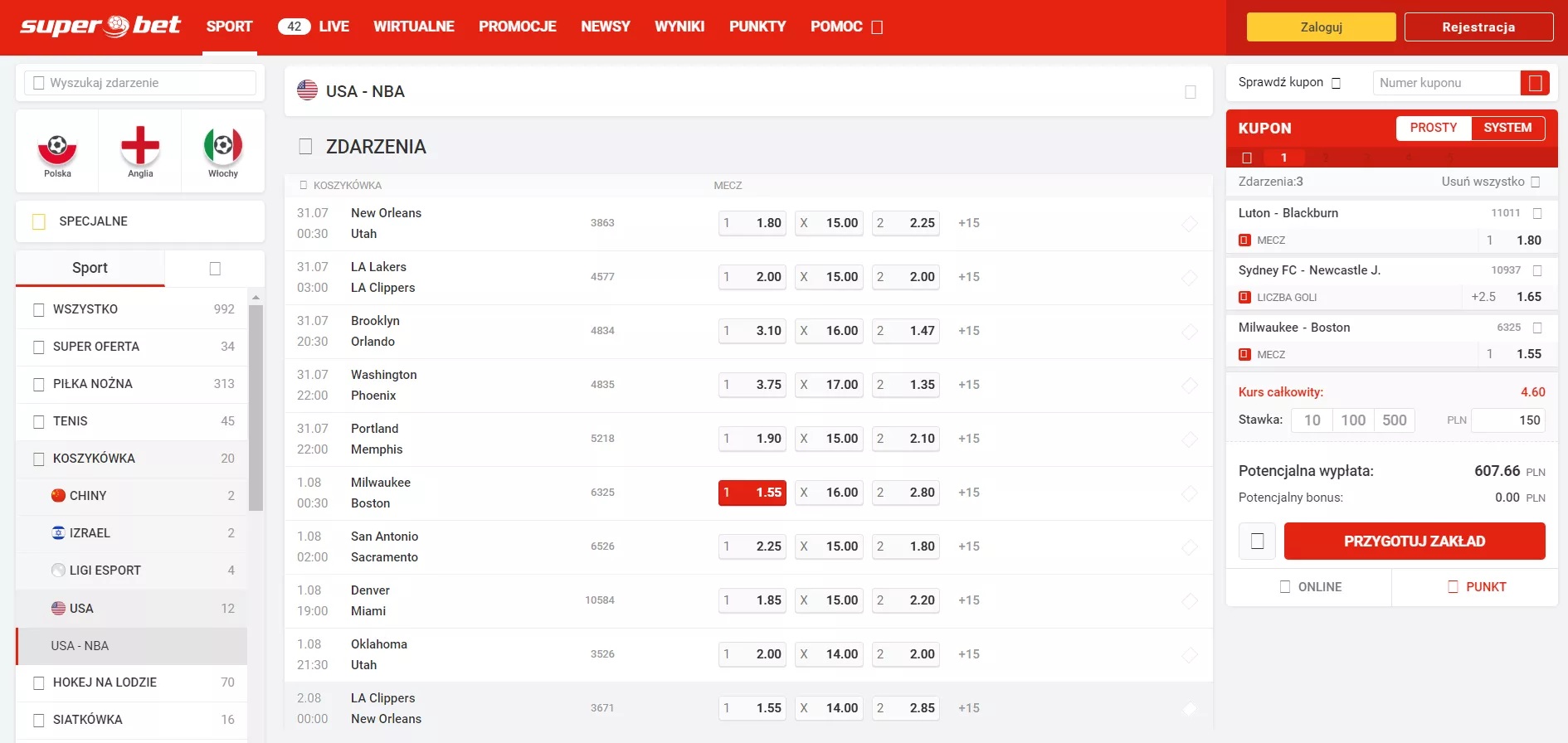 Oferta bukmacherska na NBA w Superbet + przykładowy kupon do obrotu bonusem