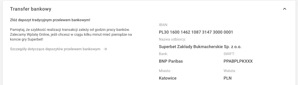 Infografika z danymi do tradycyjnego przelewu na konto Superbet