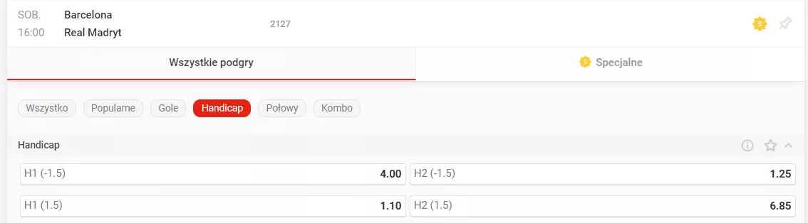 W Superbet można bez promocji obstawiać handicapy ( - 1.5 z dobrym kursem 4.00)