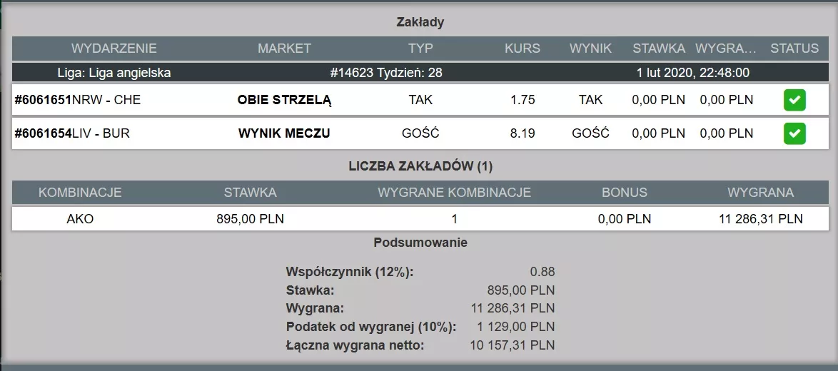 Wygrany kupon bukmacherski w Totalbet Zakłady Bukmacherskie - sporty wirtualne (wirtualna piłka nożna)